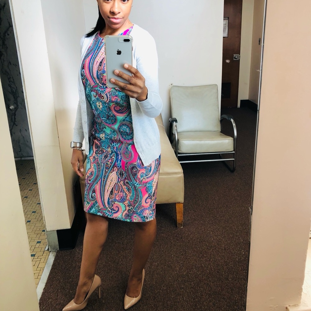 Tommy Hilfiger Multicolor Paisley Midi Dress with White Cardigan
